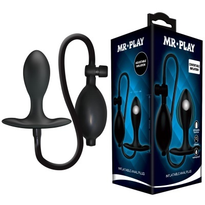 Plugue anal inflável preto com bomba e embalagem da marca MR PLAY