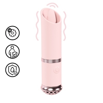 dispositivo vibratório cor-de-rosa com botão, detalhes metálicos e símbolos de recursos