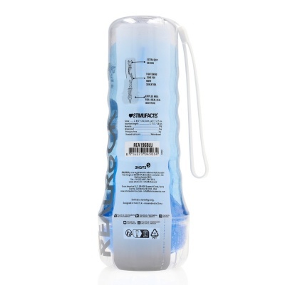 Produto azul transparente em tubo plástico rígido com tampa e etiqueta com texto em inglês