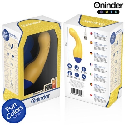 vibrador amarelo e azul na embalagem Oninder Cute com texto multilingue e selo Fun Colors