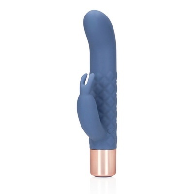 Vibrador azul em silicone com base metálica dourada e estimulador em forma de coelho