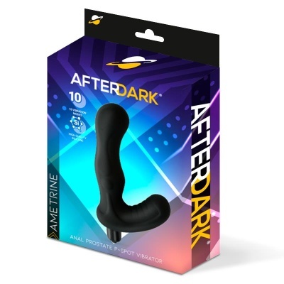 Embalagem do vibrador anal AFTERDARK preto com texto e design colorido