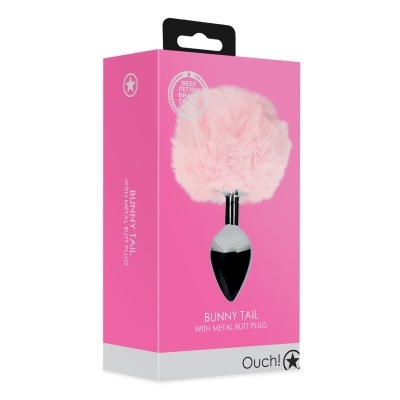 Embalagem rosa com plug anal de metal e cauda de coelho cor-de-rosa