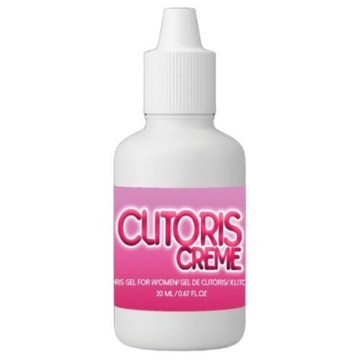 Frasco branco com rótulo cor-de-rosa de creme para clitóris