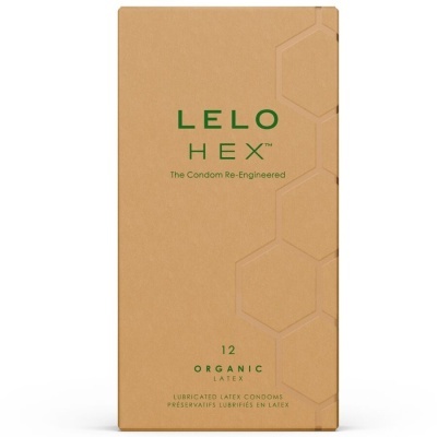 Caixa castanha de preservativos LELO HEX com texto verde e padrão hexagonal em relevo.