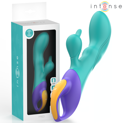 Vibrador azul turquesa, roxo e amarelo e embalagem da marca intense