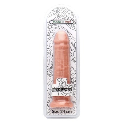 Dildo cor de pele em embalagem transparente com texto TOYZ for LOVERS e Made in Italy.