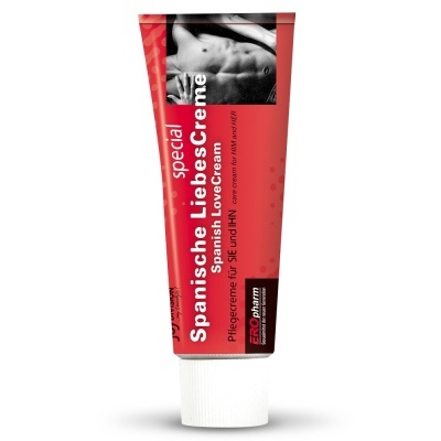 Frasco vermelho de creme Spanische LiebesCreme com imagem de torso masculino e texto em várias línguas