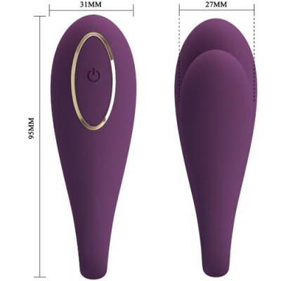 Produto roxo com botão de power e moldura dourada, medidas indicadas