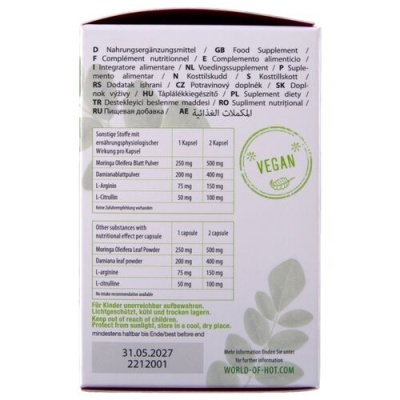 Embalagem de suplemento alimentar com selo VEGAN e lista de ingredientes.