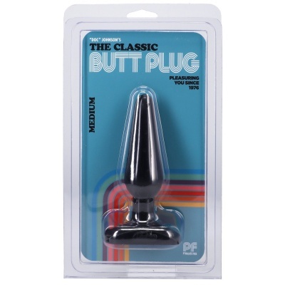 Plug anal preto médio em embalagem azul com texto