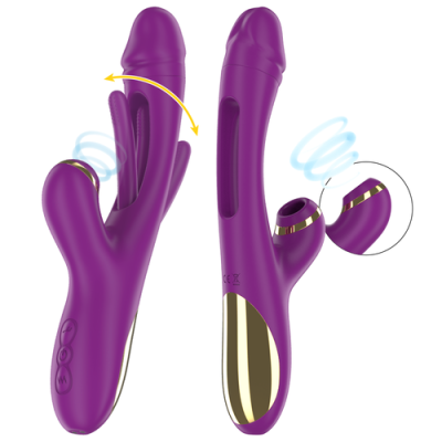 Vibrador duplo roxo com detalhes dourados e efeitos de vibração