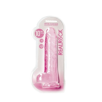 Dildo rosa transparente em embalagem plástica com texto em inglês.