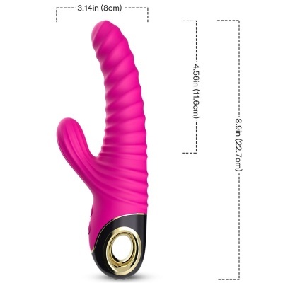 Vibrador rosa com estimulador e base preta e dourada medido com dimensões