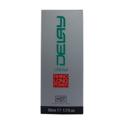 Embalagem de DELAY CREAM com texto em verde e vermelho em fundo cinzento