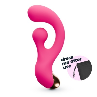 Plug anal rosa em silicone com base metálica dourada e bolsa preta