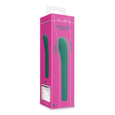 Caixa rosa com vibrador verde azul curvado e texto em inglês.