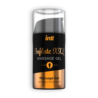 Frasco preto com tampa transparente e texto em dourado de gel para massagem