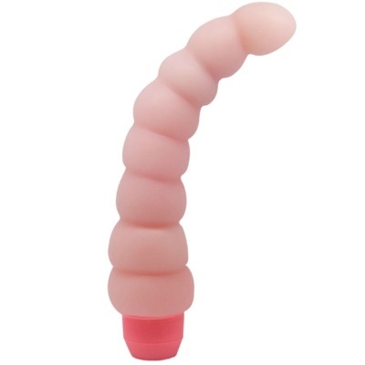 Objeto alongado rosa claro com base vermelha e textura segmentada