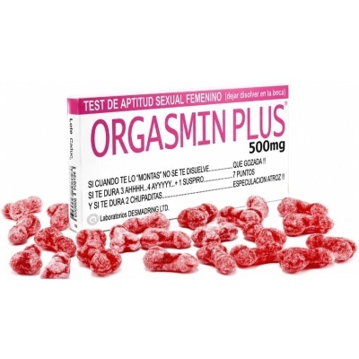 Caixa de ORGASMIN PLUS 500mg com doces vermelhos em forma anatómica ao redor