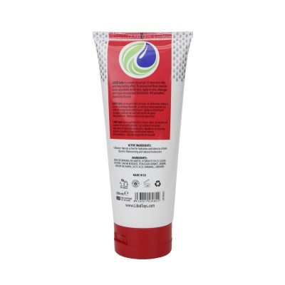 Tubo de gel lubrificante LIBID lube na parte traseira com texto e símbolos