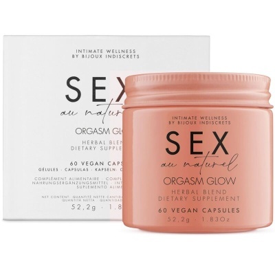 Suplemento alimentar SEX au naturel Orgasm Glow em frasco rosa pastel com embalagem branca