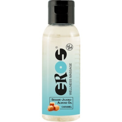 Frasco de óleo para massagem Eros com tampa preta e rótulo azul degradê.
