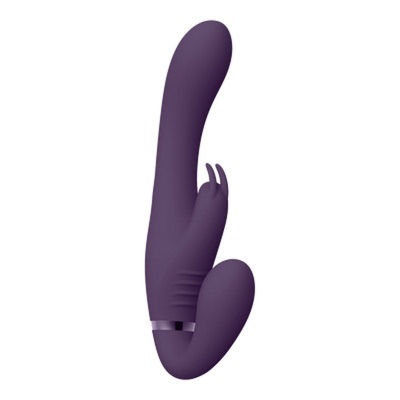 Vibrador roxo em silicone anatómico com estimulador em forma de coelho
