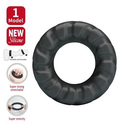 Anel preto de silicone texturizado com informações de resistência e elasticidade