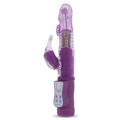 Vibrador roxo translúcido com texturas e botões de controlo