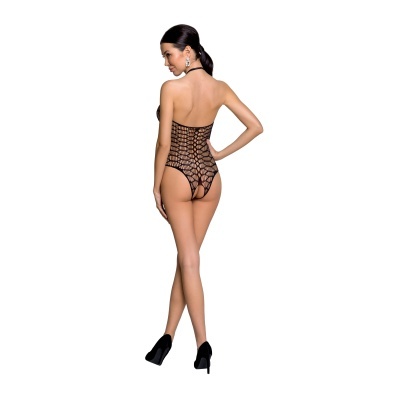 Mulher de costas com body preto em padrão rede e salto alto preto