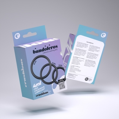 Embalagens azuis e lilases com anéis sexuais em silicone preto bandoleros e texto promocional