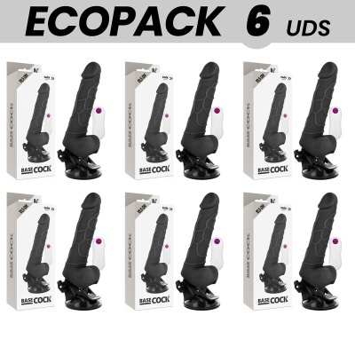 Seis vibradores pretos com ventosa e controlo remoto branco, embalagens brancas com texto BASE COCK.