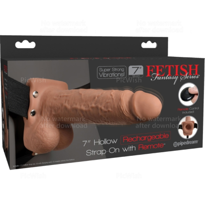 Strap-on oco de 7 polegadas, cor pele, com controle remoto, na embalagem preta com texto Fetish Fantasy Series.