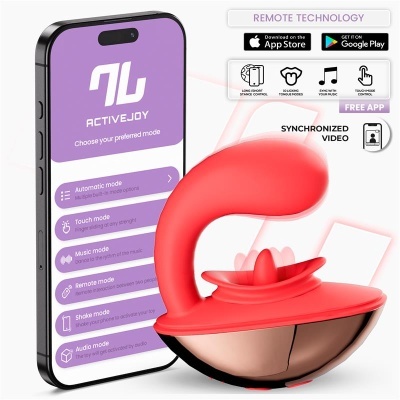 Dispositivo eletrônico vermelho com base metálica ao lado de um smartphone com app ACTIVEJOY
