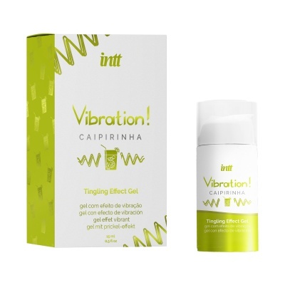 Frasco branco e verde e caixa de gel efeito vibração Vibration! CAIPIRINHA da marca intt