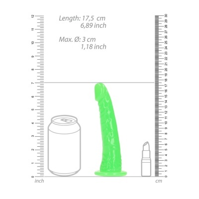 Dildo verde translúcido com medidas junto a desenhos de uma lata e batom