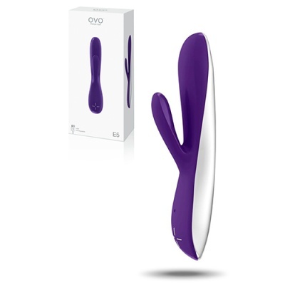 Vibrador roxo com detalhes prata e embalagem branca com texto ovo E5
