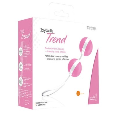 Embalagem do produto Joyballs Trend com bolas de treino do pavimento pélvico cor rosa e branco