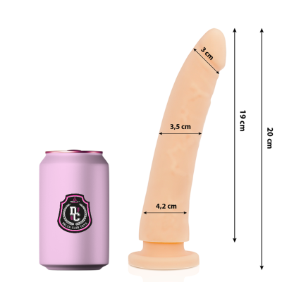 dildo bege claro com medidas ao lado de lata rosa com logo DC