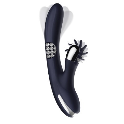 Vibrador preto com duas pontas e esferas metálicas