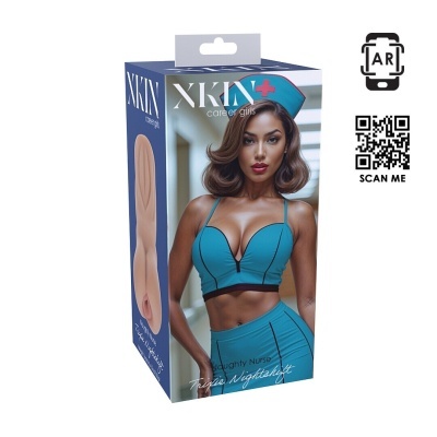 Caixa de produto erótico com imagem de mulher vestida de enfermeira azul e texto.