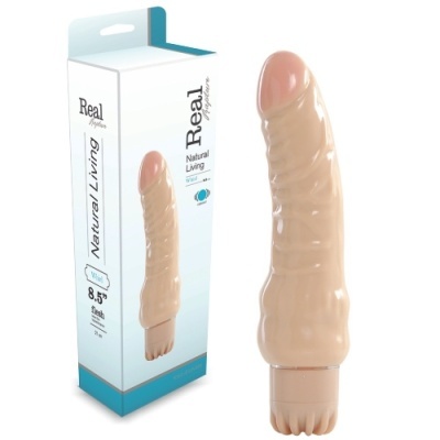 Vibrador em tom pele com embalagem branca e azul.