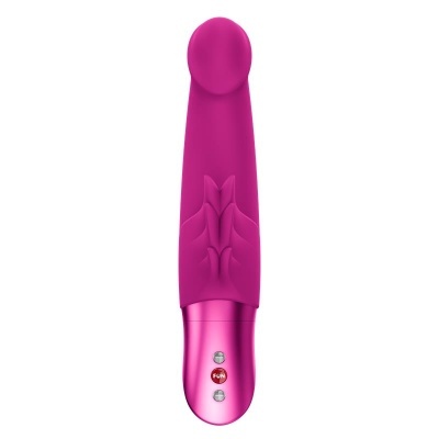 Vibrador rosa com base metálica e botões de controlo