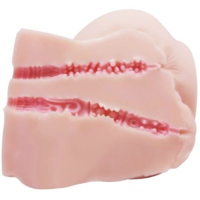 Modelo anatómico de silicone rosa claro com cortes longitudinais expostos