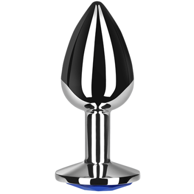 Plug anal metálico prateado com base larga e pedra azul na base