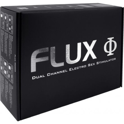 caixa preta com texto prateado FLUX e texto branco na lateral