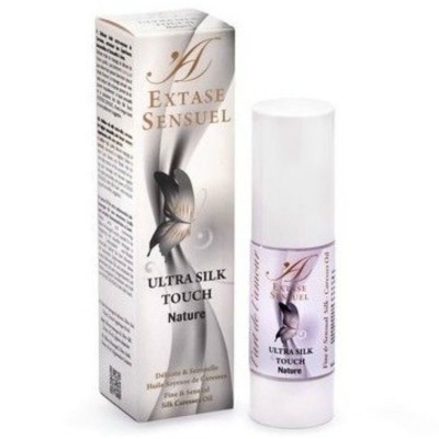 Frasco branco translúcido e caixa cartão branca com imagem de borboleta e texto A Extase Sensuel Ultra Silk Touch Nature