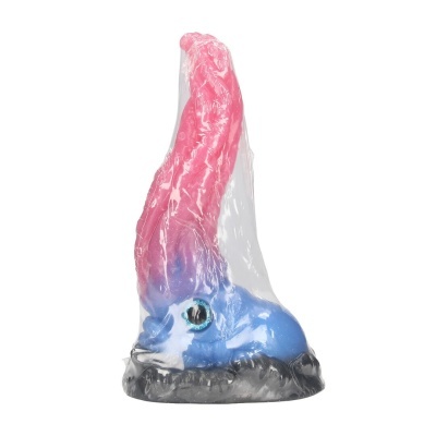 Produto azul e rosa com base preta dentro de embalagem transparente