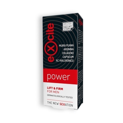 Caixa preta, vermelha e branca de produto masculino com texto excite power e lista de ingredientes